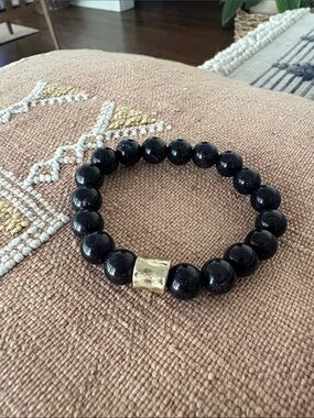 Dark Blue Goldstone Gemstone Stretch Bracelet with Gold Accent
